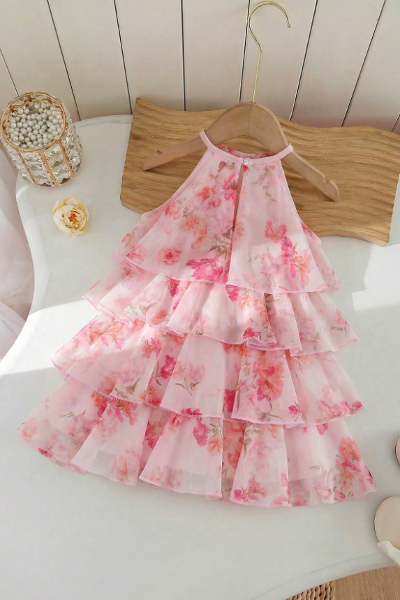 Pink Floral Print Chiffon 3D Rose Halter Tiered A-Line Dress