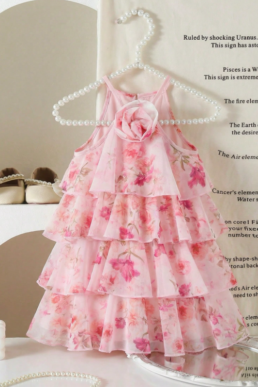 Pink Floral Print Chiffon 3D Rose Halter Tiered A-Line Dress