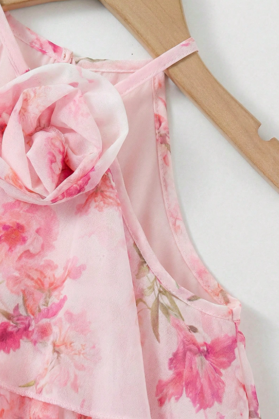 Pink Floral Print Chiffon 3D Rose Halter Tiered A-Line Dress