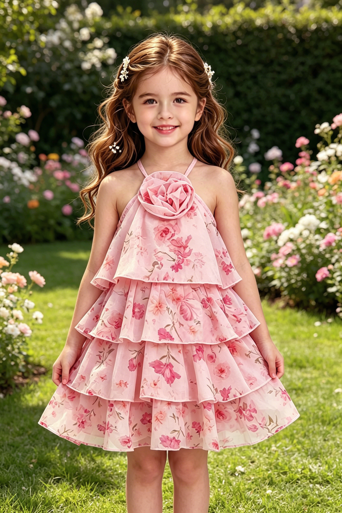 Pink Floral Print Chiffon 3D Rose Halter Tiered A-Line Dress