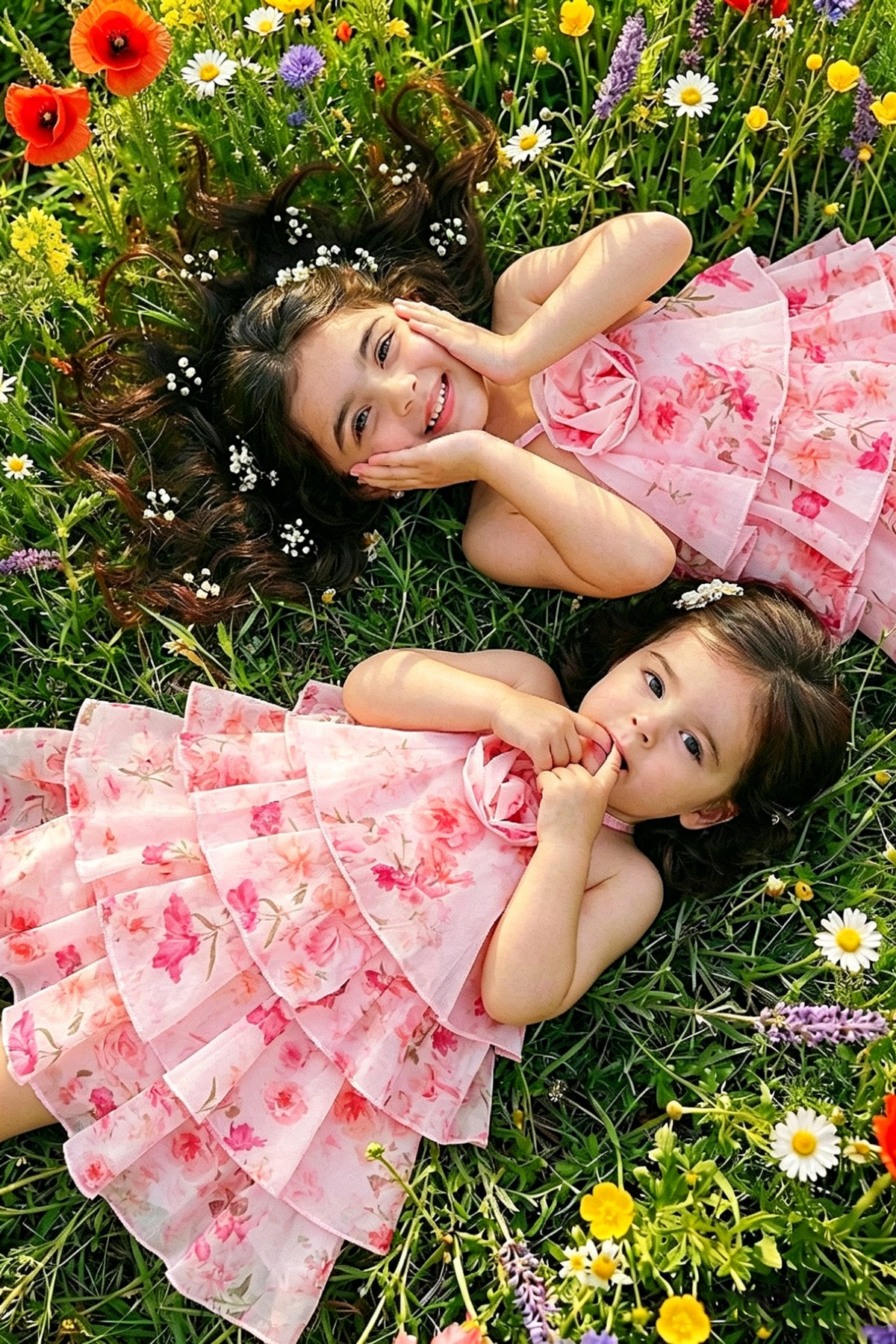 Pink Floral Print Chiffon 3D Rose Halter Tiered A-Line Dress