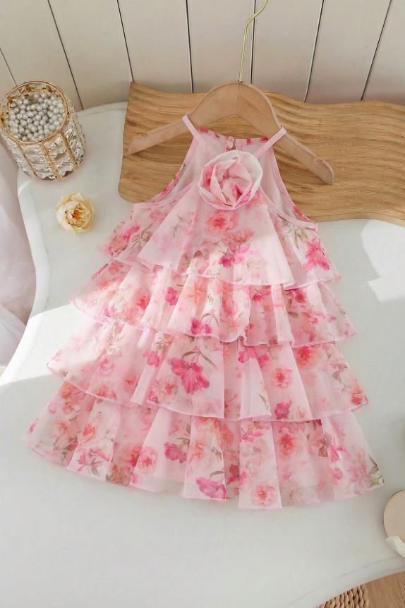 Pink Floral Print Chiffon 3D Rose Halter Tiered A-Line Dress