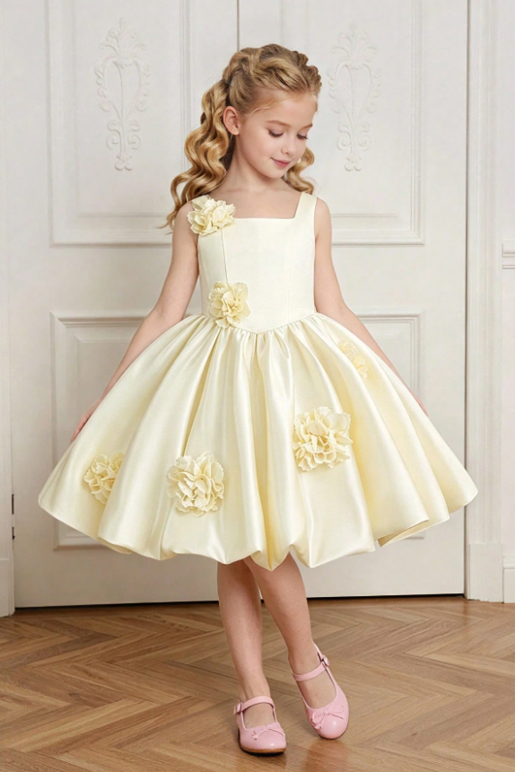 Pale Yellow Satin 3D Floral Appliqués Square Neck A-Line Dress