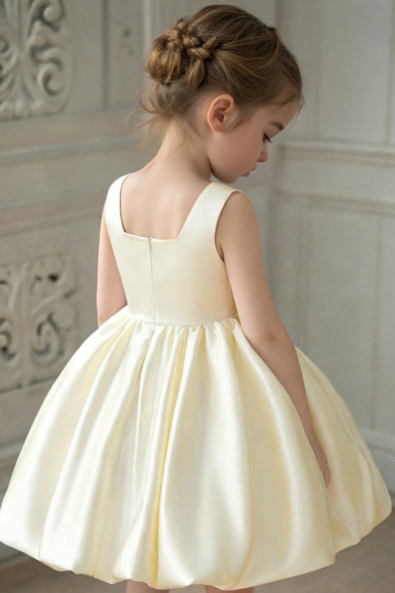 Pale Yellow Satin 3D Floral Appliqués Square Neck A-Line Dress
