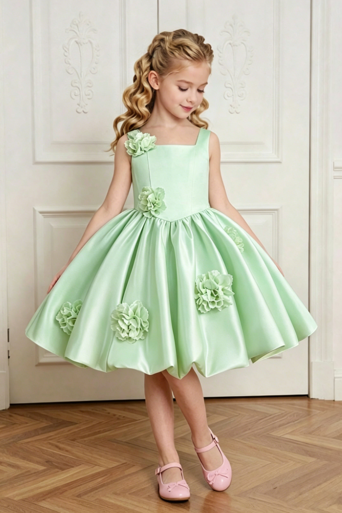 Pale Yellow Satin 3D Floral Appliqués Square Neck A-Line Dress