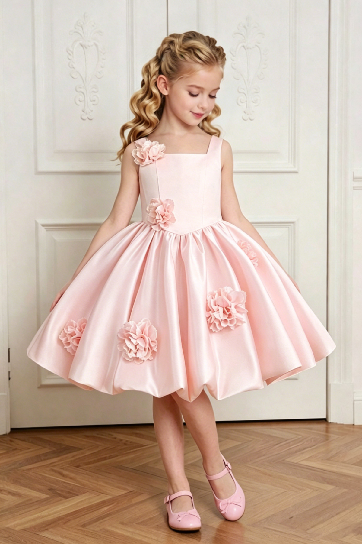 Pale Yellow Satin 3D Floral Appliqués Square Neck A-Line Dress