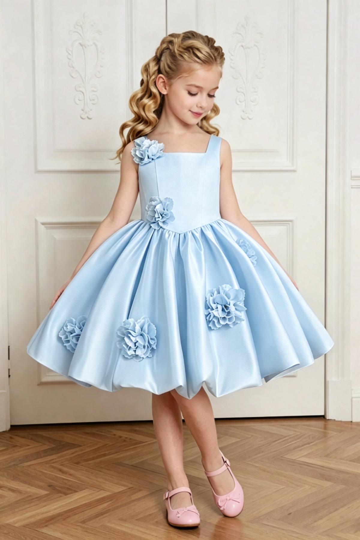 Pale Yellow Satin 3D Floral Appliqués Square Neck A-Line Dress