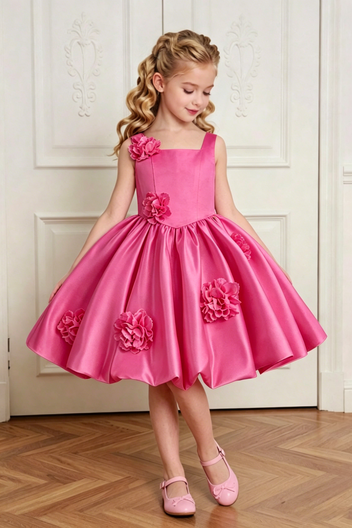 Pale Yellow Satin 3D Floral Appliqués Square Neck A-Line Dress