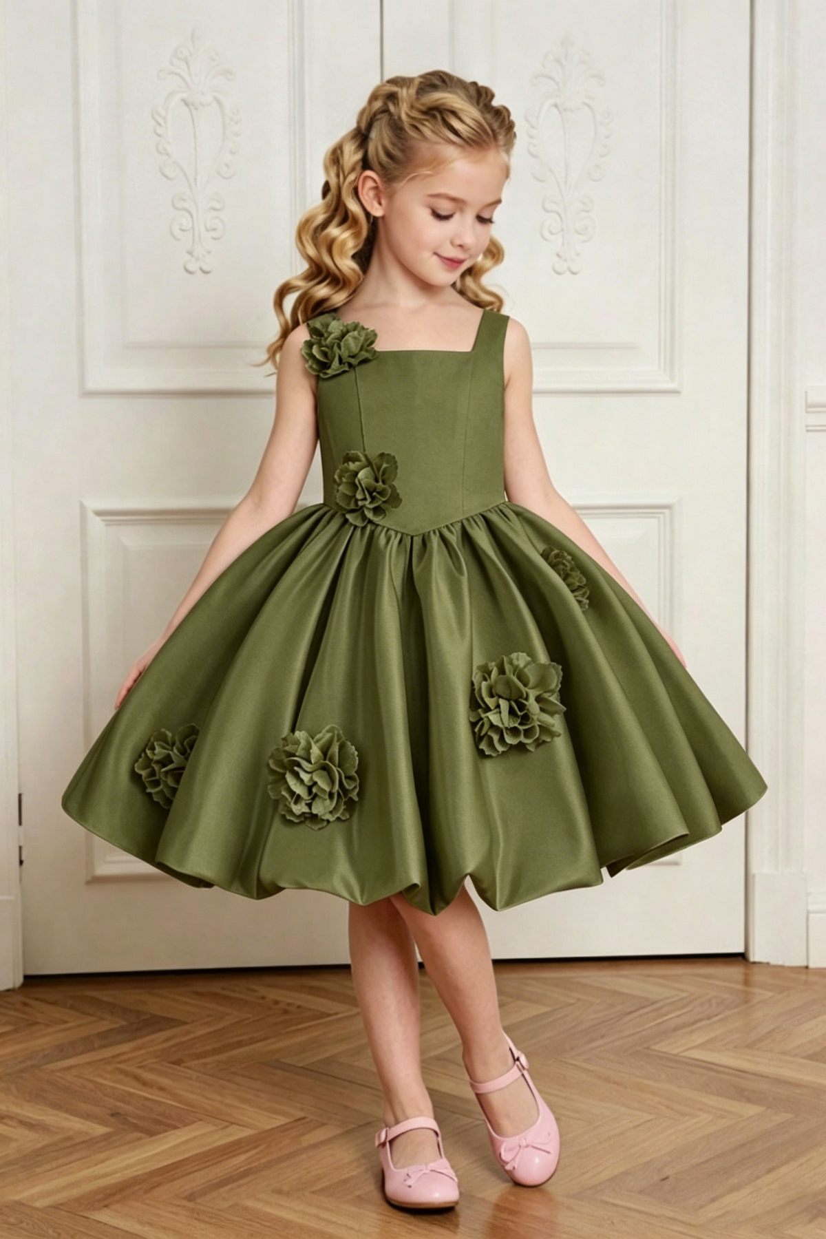 Pale Yellow Satin 3D Floral Appliqués Square Neck A-Line Dress