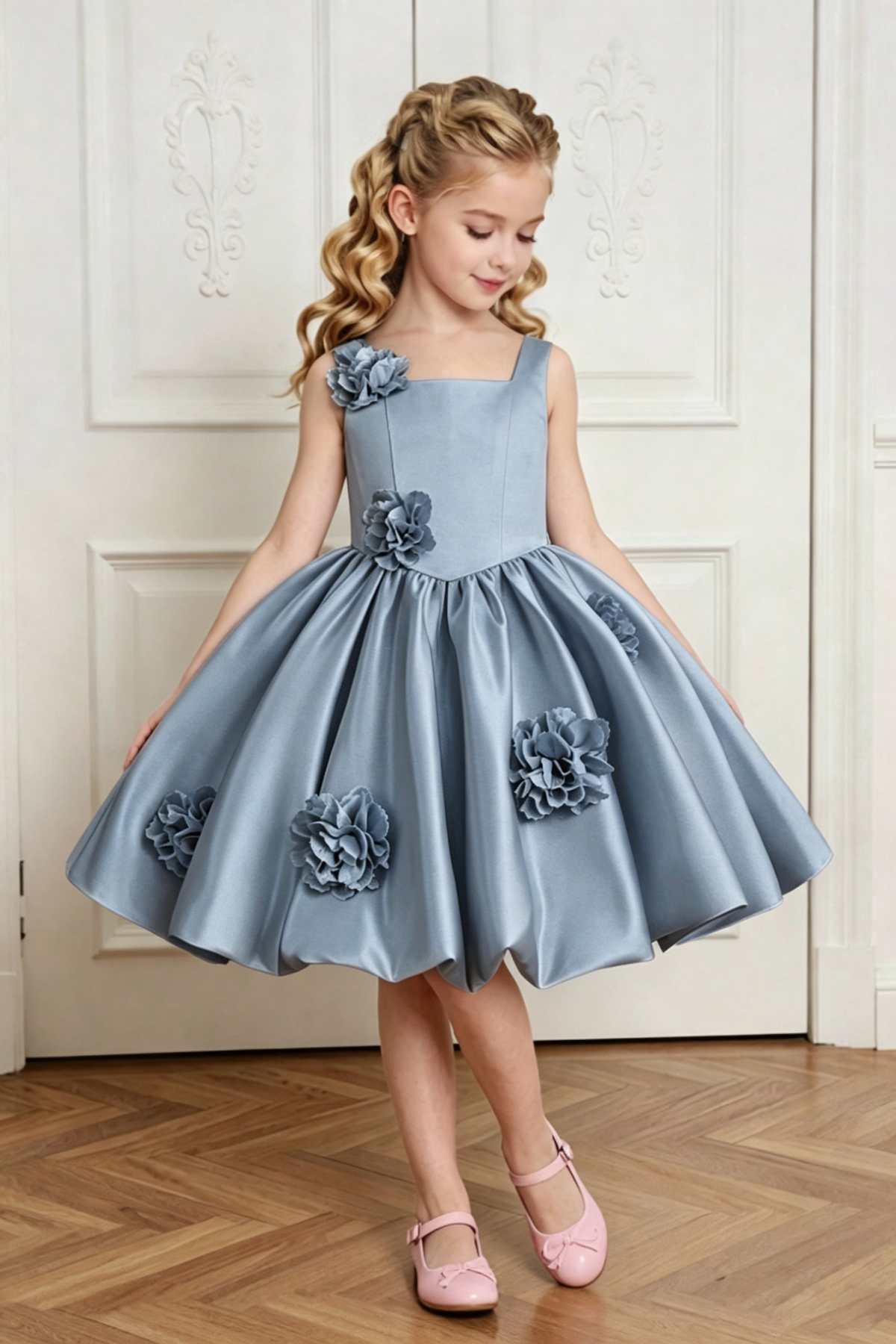 Pale Yellow Satin 3D Floral Appliqués Square Neck A-Line Dress