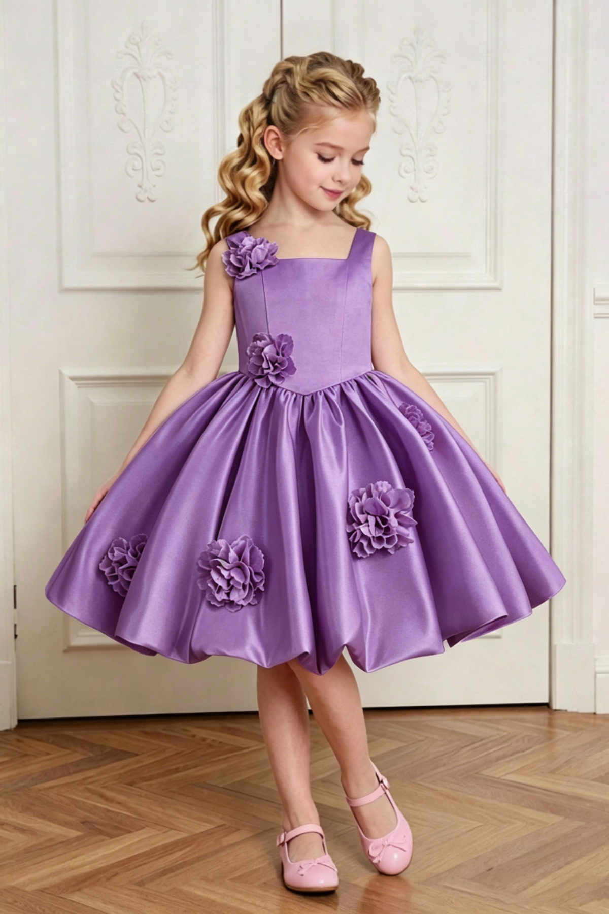 Pale Yellow Satin 3D Floral Appliqués Square Neck A-Line Dress