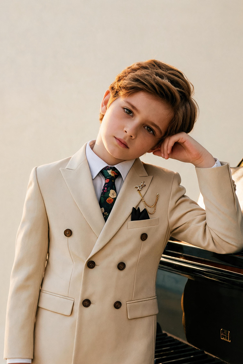 Boys Cream Double Breasted 2-Piece Suit