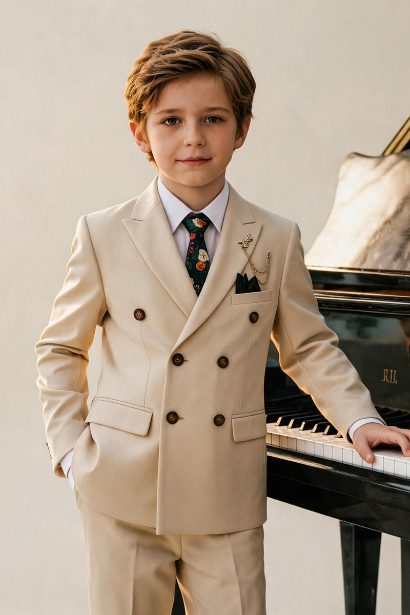 Boys Cream Double Breasted 2-Piece Suit
