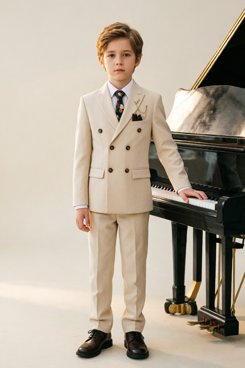 Boys Cream Double Breasted 2-Piece Suit