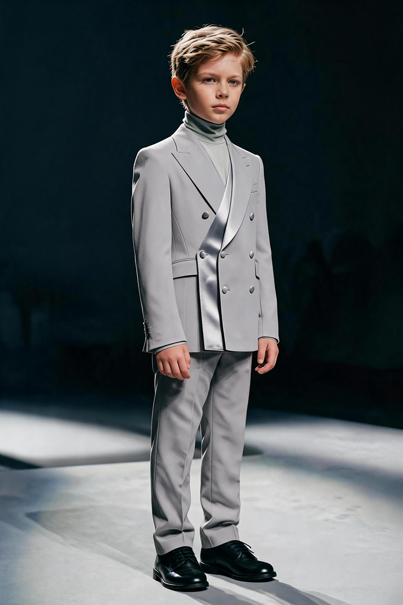 Boys Light Grey Satin Shawl Lapel Double Breasted 2-Piece Suit