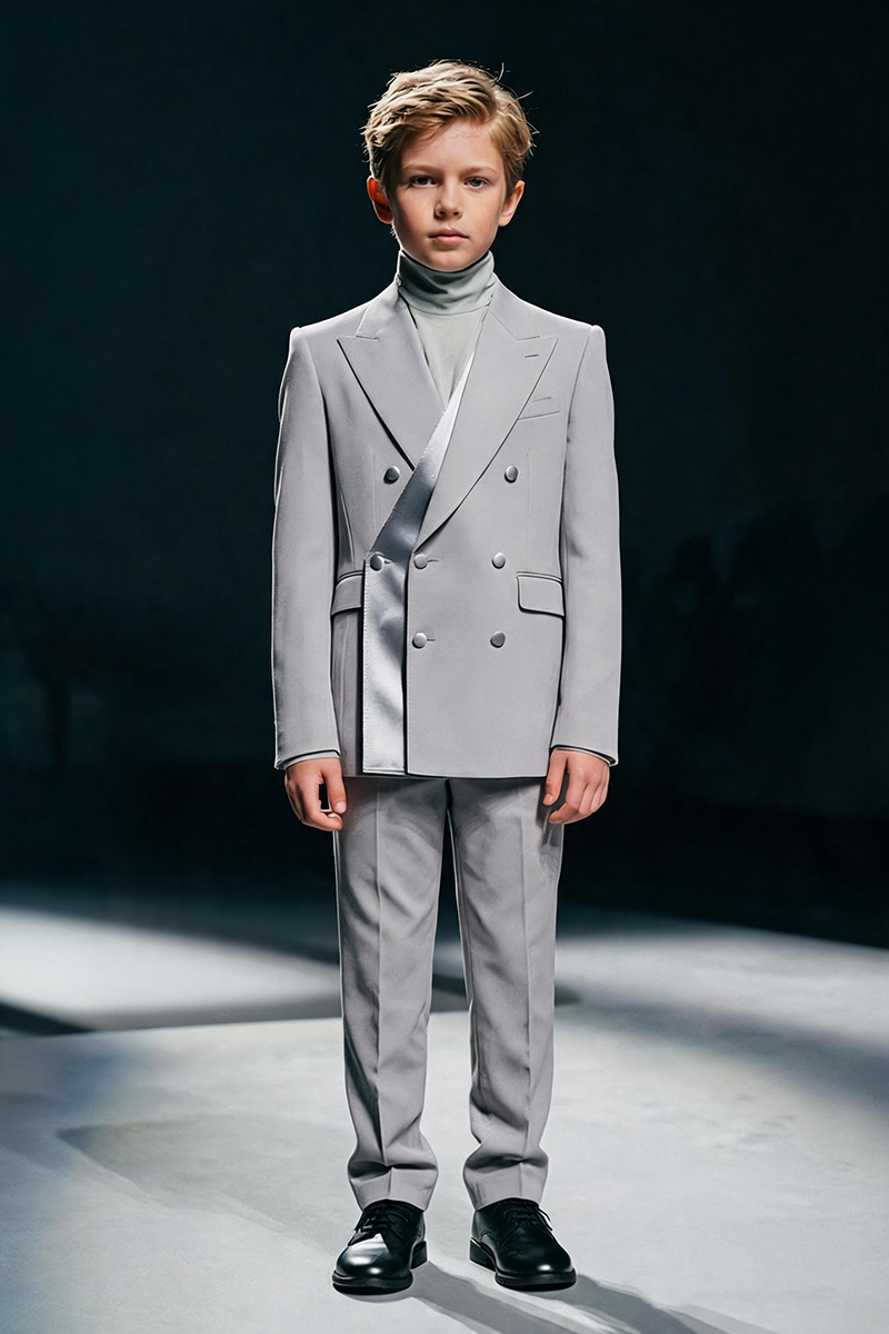 Boys Light Grey Satin Shawl Lapel Double Breasted 2-Piece Suit