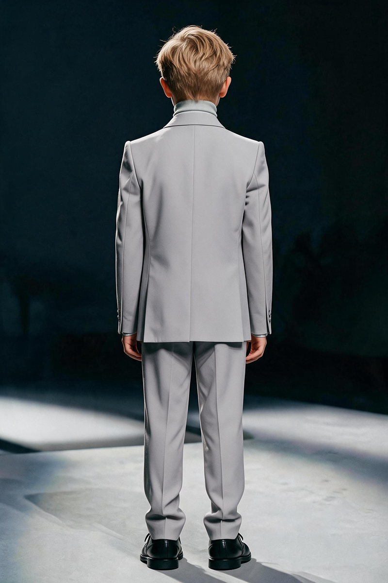 Boys Light Grey Satin Shawl Lapel Double Breasted 2-Piece Suit