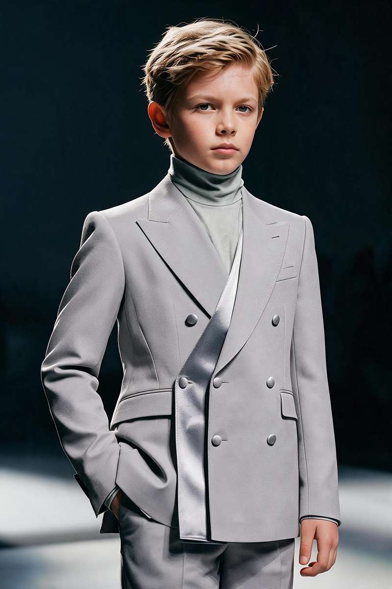 Boys Light Grey Satin Shawl Lapel Double Breasted 2-Piece Suit