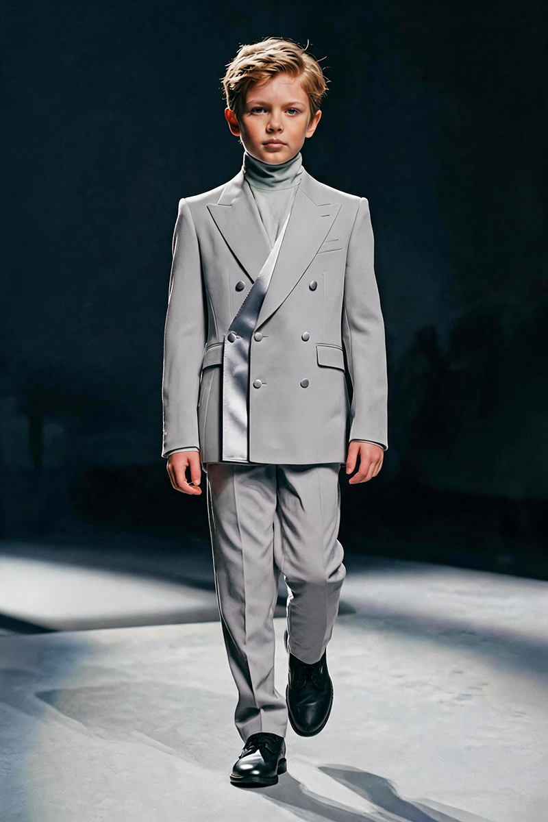 Boys Light Grey Satin Shawl Lapel Double Breasted 2-Piece Suit