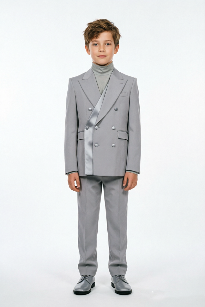 Boys Light Grey Satin Shawl Lapel Double Breasted 2-Piece Suit