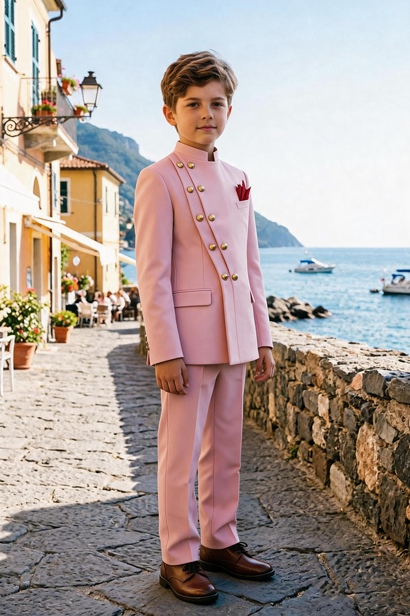 Boys Blush Mandarin Collar Asymmetric Gold Button 2-Piece Suit