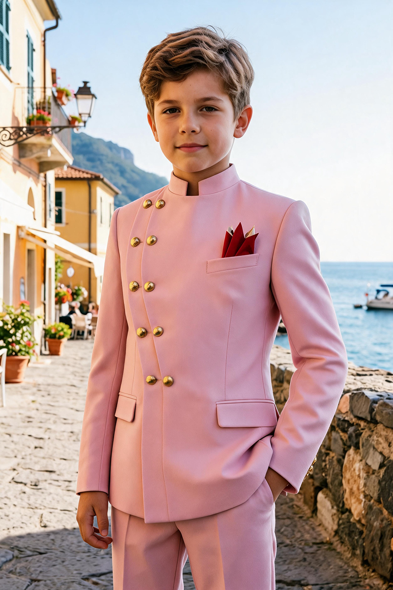 Boys Blush Mandarin Collar Asymmetric Gold Button 2-Piece Suit