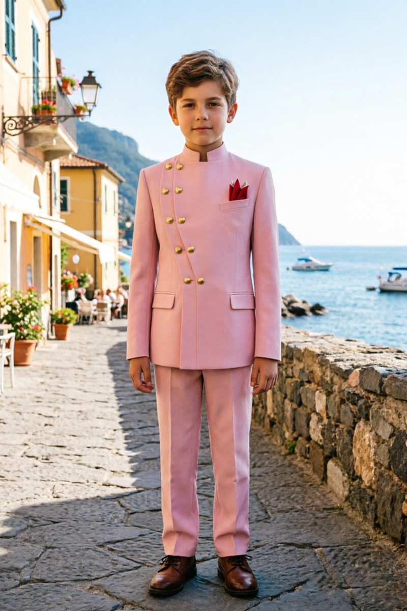 Boys Blush Mandarin Collar Asymmetric Gold Button 2-Piece Suit