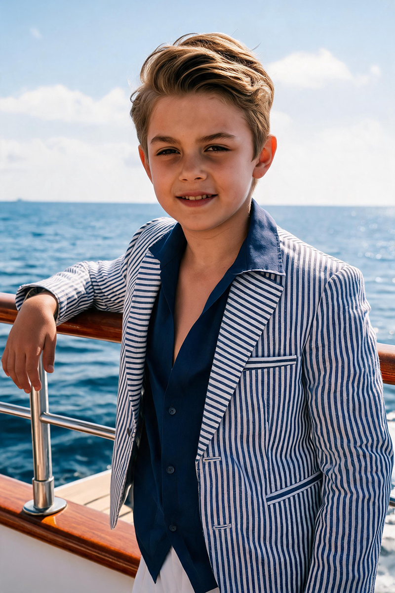 Boys Navy White Vertical Stripe Blazer & White Trousers  2-Piece Suit