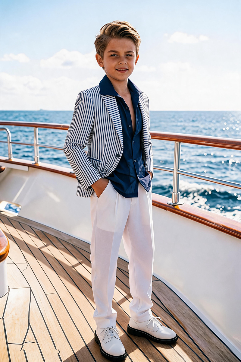 Boys Navy White Vertical Stripe Blazer & White Trousers  2-Piece Suit