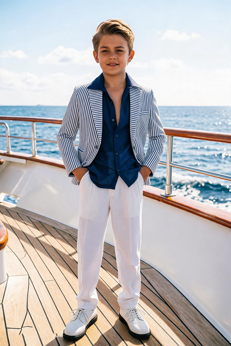 Boys Navy White Vertical Stripe Blazer & White Trousers  2-Piece Suit
