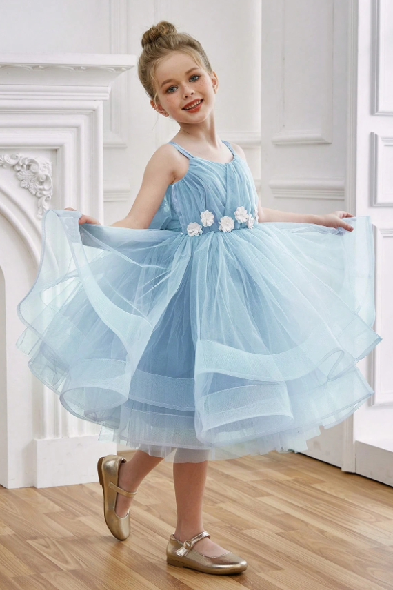Light Blue Layered Tulle Florals & Back Bow A-Line Dress