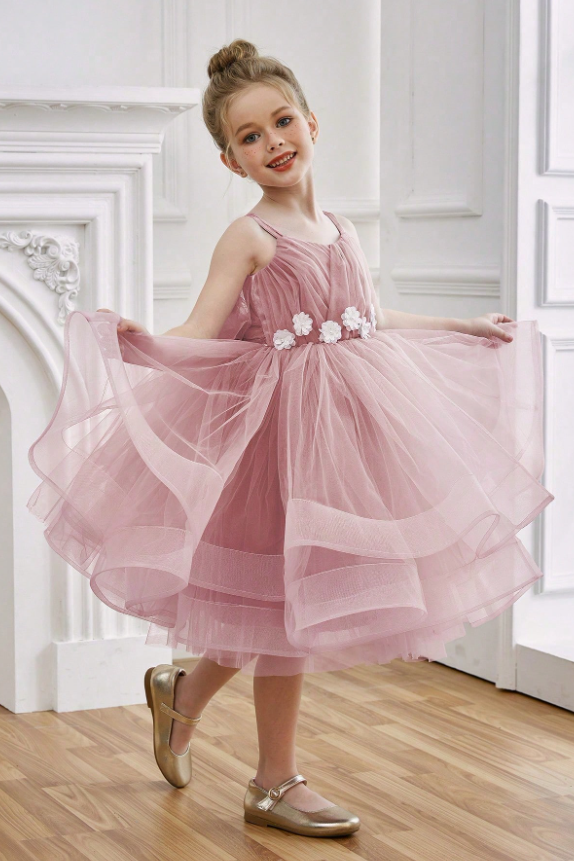 Light Blue Layered Tulle Florals & Back Bow A-Line Dress
