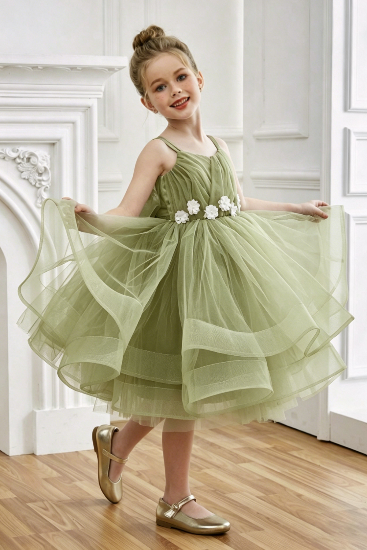 Light Blue Layered Tulle Florals & Back Bow A-Line Dress