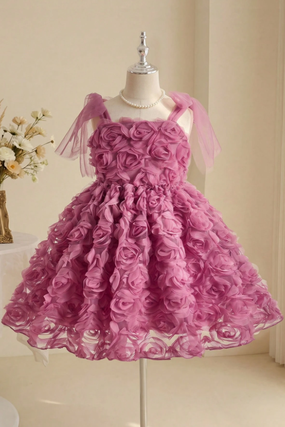 Vintage Burgundy Full 3D Rose Tulle Spaghetti Strap A-Line Dress
