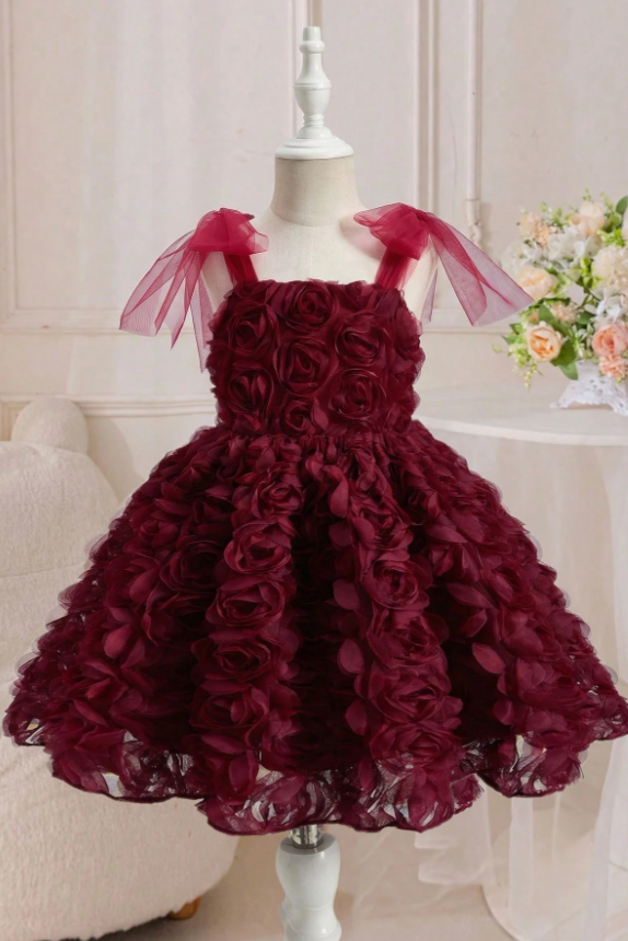 Vintage Burgundy Full 3D Rose Tulle Spaghetti Strap A-Line Dress