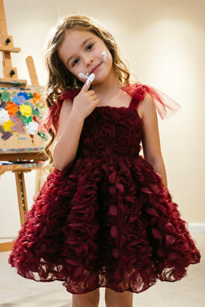 Vintage Burgundy Full 3D Rose Tulle Spaghetti Strap A-Line Dress