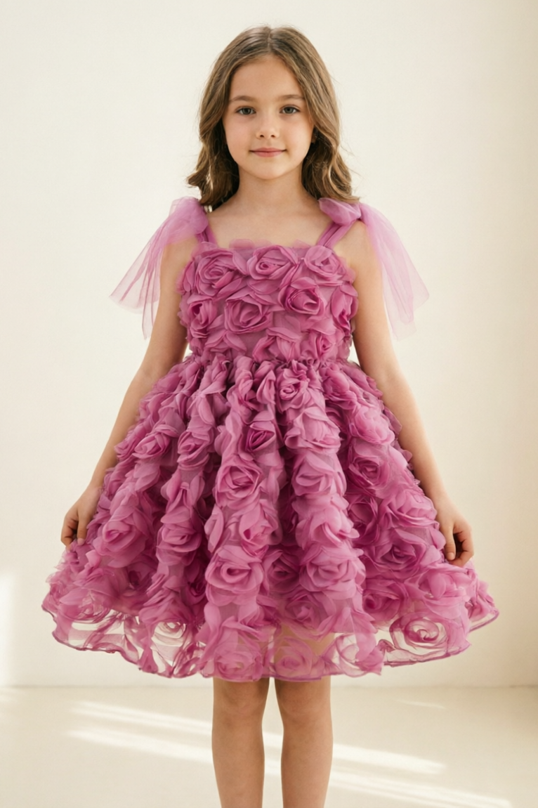 Vintage Burgundy Full 3D Rose Tulle Spaghetti Strap A-Line Dress