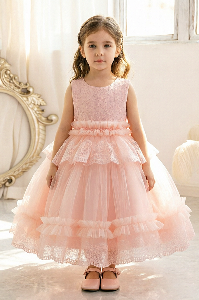 Dusty Pink Lace Tulle Sleeveless Round Neck Layered A-Line Dress