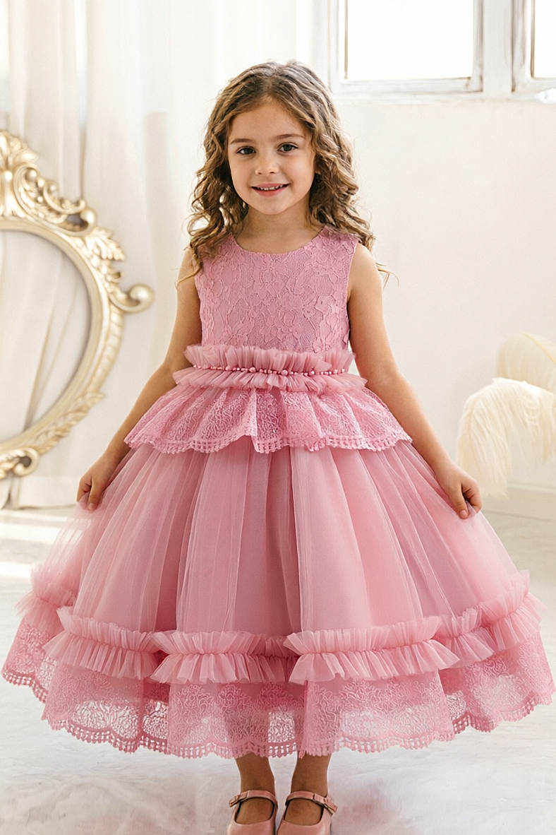 Dusty Pink Lace Tulle Sleeveless Round Neck Layered A-Line Dress