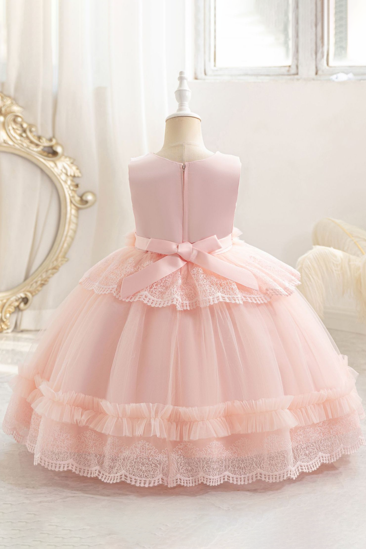 Dusty Pink Lace Tulle Sleeveless Round Neck Layered A-Line Dress