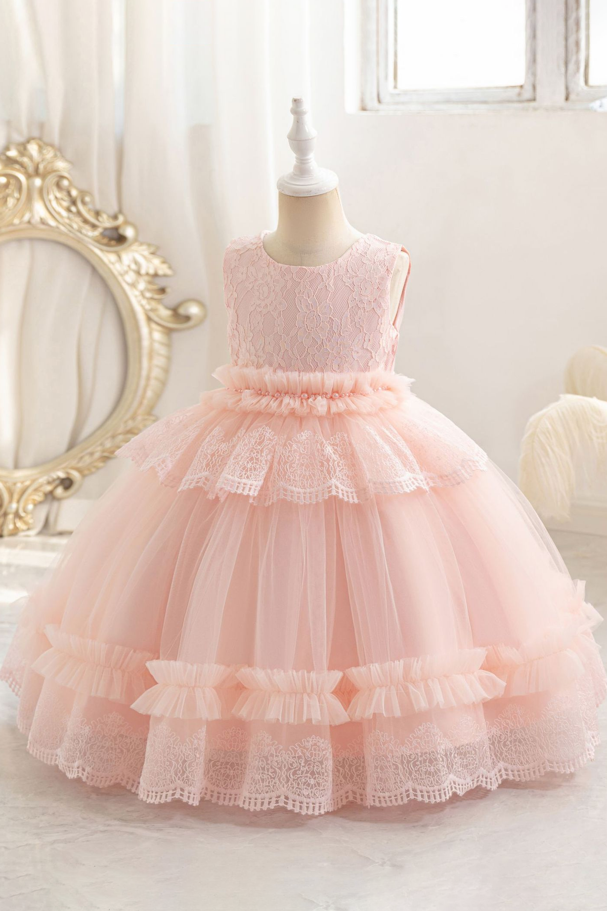 Dusty Pink Lace Tulle Sleeveless Round Neck Layered A-Line Dress