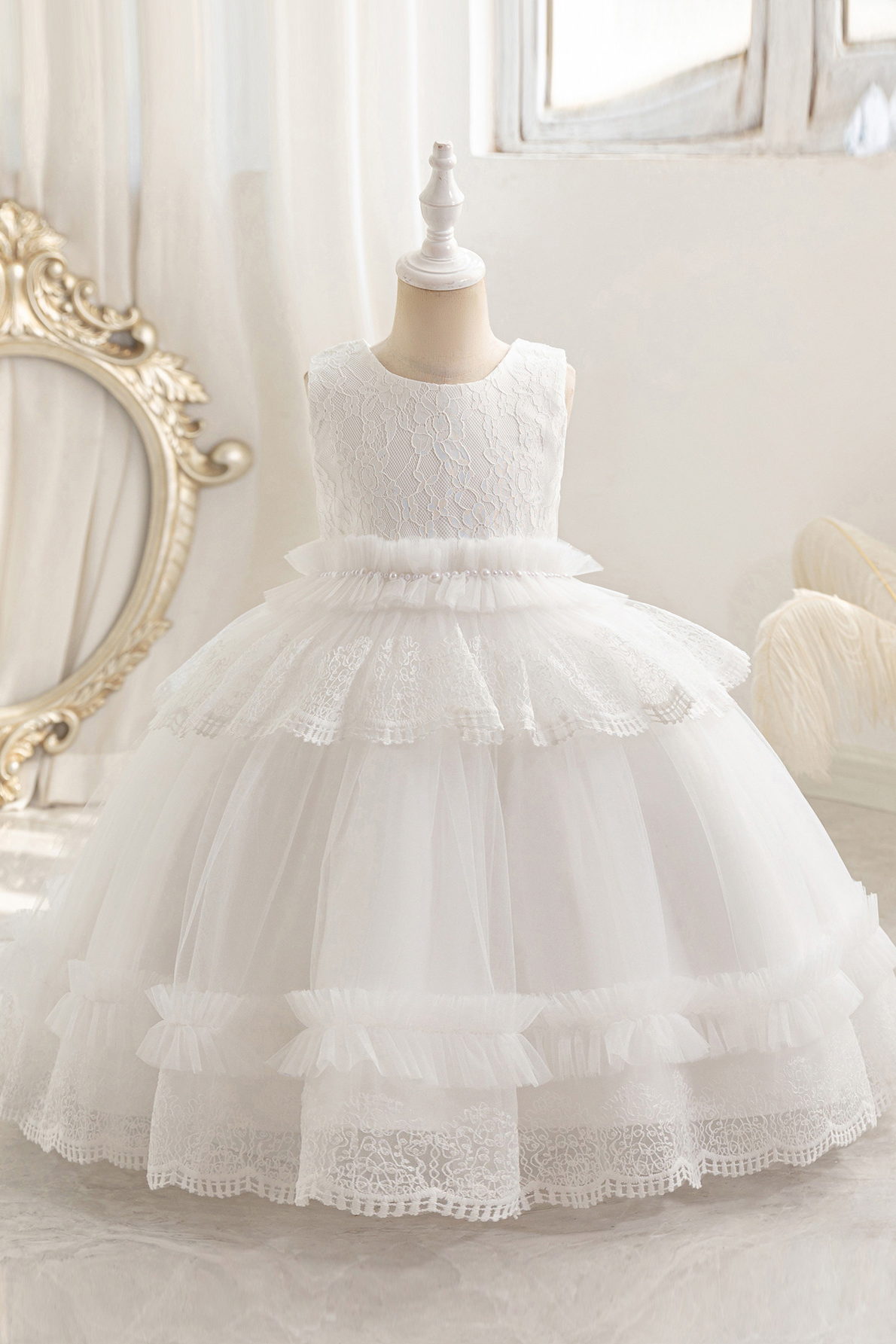 Dusty Pink Lace Tulle Sleeveless Round Neck Layered A-Line Dress
