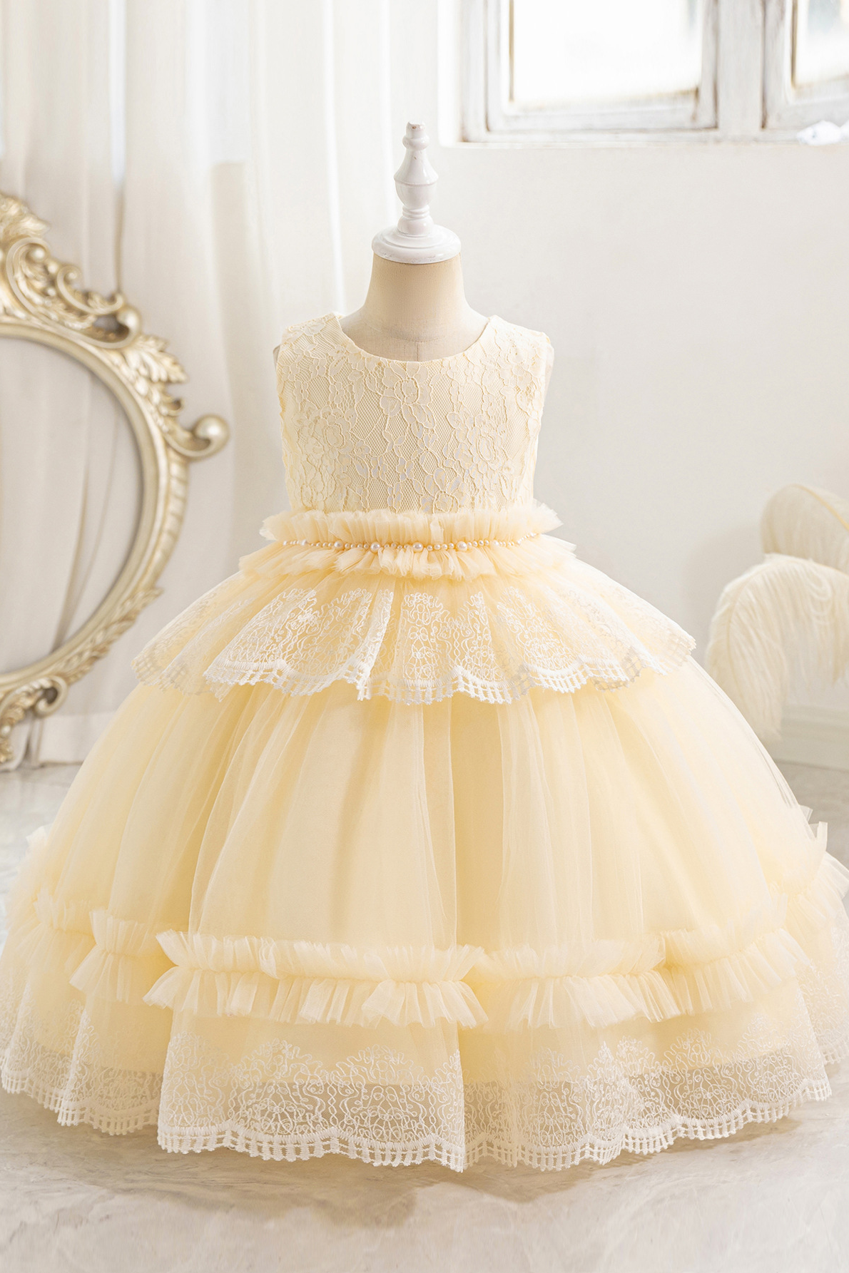Dusty Pink Lace Tulle Sleeveless Round Neck Layered A-Line Dress