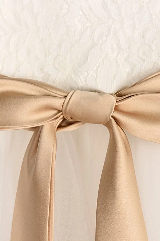 White Lace Tulle Champagne Satin Bow Sash A-Line Dress