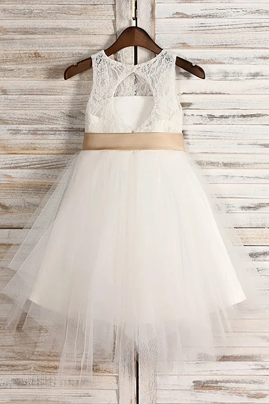 White Lace Tulle Champagne Satin Bow Sash A-Line Dress