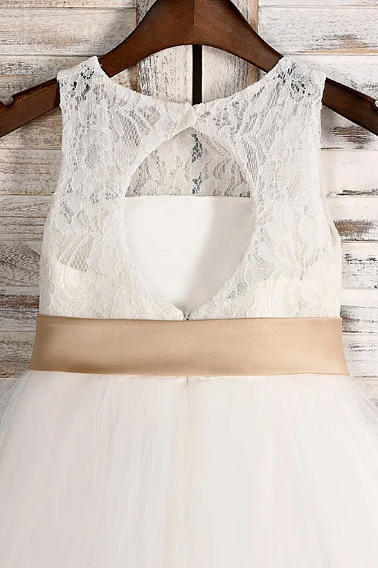 White Lace Tulle Champagne Satin Bow Sash A-Line Dress