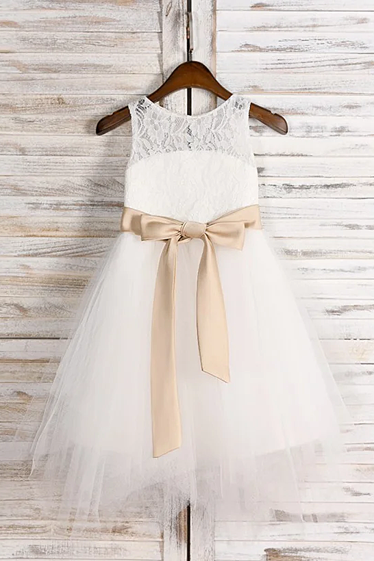 White Lace Tulle Champagne Satin Bow Sash A-Line Dress