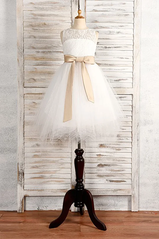 White Lace Tulle Champagne Satin Bow Sash A-Line Dress
