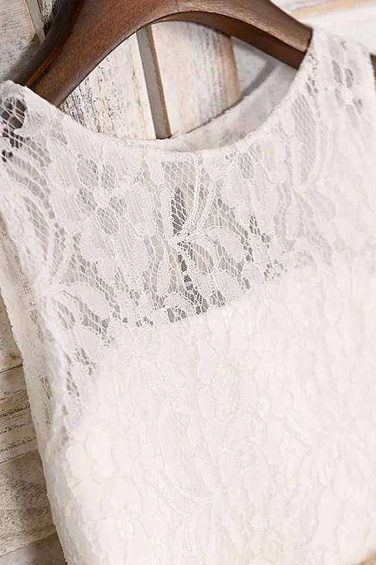 White Lace Tulle Champagne Satin Bow Sash A-Line Dress
