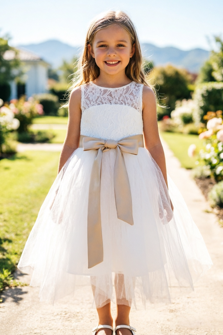 White Lace Tulle Champagne Satin Bow Sash A-Line Dress